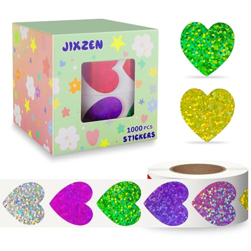 JIXZEN Glitter Heart Stickers for Kids, 2 Rolls 1000Pcs Holographic Sparkly Foil Stickers for Teacher Supplies Classroom, Potty Training Reward, Valentine's Day Gift Decoration(Multicolored, 1.0 Inch)