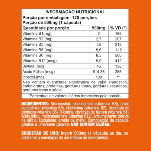 Complexo B com 120 Cápsulas Vitaminas B1 B2 B3 B5 B6 B12 Biotina Ácido Fólico Inositol