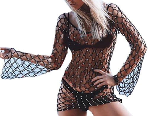ONTBYB Women Sexy Crochet Beach Cover up Fishnet Sarong Wrap Bikini Handmade Smock Black S