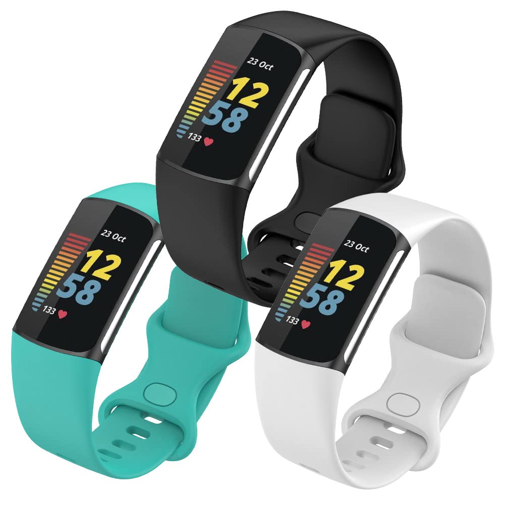 FunBand Straps Compatible with Fitbit Charge 5 Strap, Soft Silicone Sport Replacement Band Adjustable Wristband fit Compatible with Fitbit Charge 5 Activity Tracker for Women Men, 3-Pack