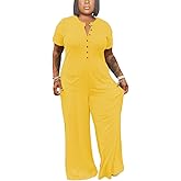 Hostoyo Plus Size Jumpsuits for Women Casual Wide Leg Crew Neck Short Sleeve Long Pants Romper With Pockets