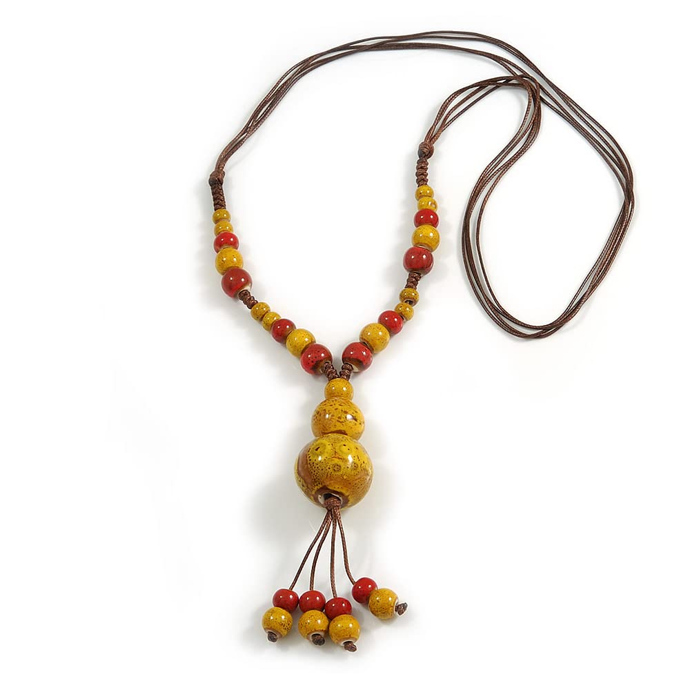 Avalaya Dusty Yellow/Red Ceramic Bead Tassel Necklace with Brown Silk Cord/ 70-80cmL/ Adjustable
