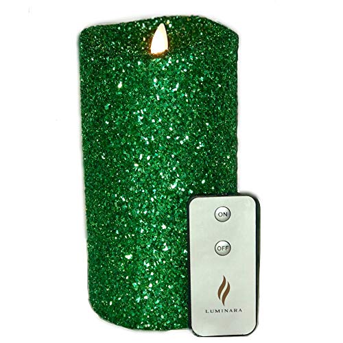 Luminara Vintage Green Glitter 7" Flameless Pillar Candles w/Remote