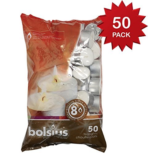 BOLSIUS 103630519700 Tealight, Paraffin Wax, White, Pack of 50 8 Hour Tealights