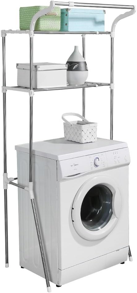 BAOYOUNI 2-Tier Over Toilet Storage Unit Standing Laundry Room Shelf Adjustable Washing Machine Rack Bathroom Space Saving Organizer (62-101) W X 49.5 D X 173 H cm
