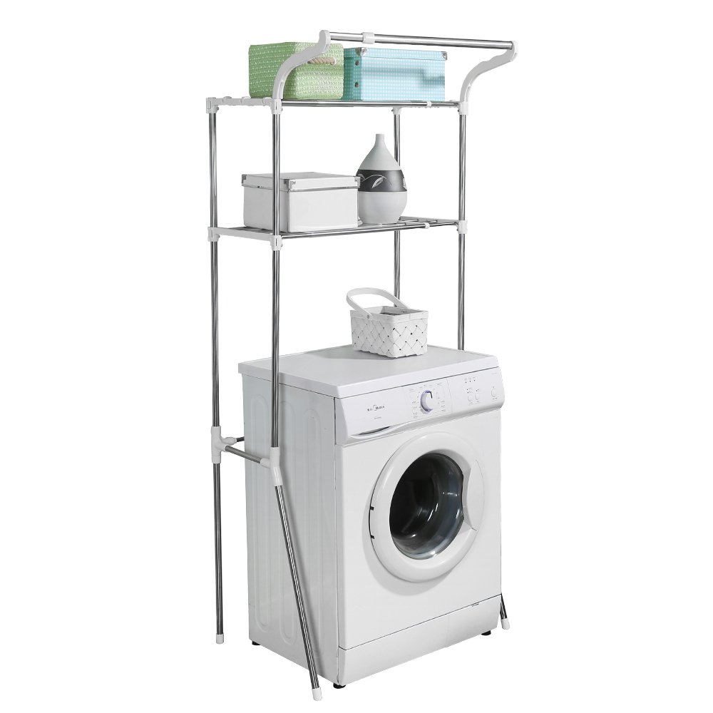 BAOYOUNI 2-Tier Over Toilet Storage Unit Standing Laundry Room Shelf Adjustable Washing Machine Rack Bathroom Space Saving Organizer (62-101) W X 49.5 D X 173 H cm, Ivory