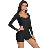 speerise Women's Long Sleeve Bodycon Romper One Piece Short Jumpsuit Yoga Square Neck Unitard Bodysuit