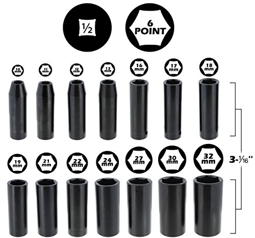 Drixet 1/2" Drive Deep Metric Impact Socket Set | 14-Piece 6-Point CR-V Sockets with Case | Includes Sizes: 10, 11, 12, 13, 16, 17, 18, 19, 21, 22, 24, 27, 30 & 32mm