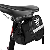 Enkeeo Strap-On Saddle Bike Bag Bicycle Seat Pack Wedge Pack Pouch Splashproof with Straps, Sealed Zipper, Reflective Stripe, Nylon Fabric for Outdoor Cycling (Black)