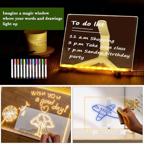 DIY LED Note Board, Acrylic Dry Erase Glowing Board with Adjustable Stand & 12 Colourful Markers Light Up Memo Message Boards Night Light Doodle Luminous Drawing Boards for Home Office Gift Festival