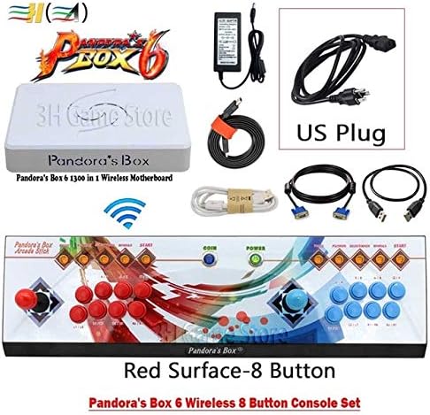 Cholyme LLC 1 Set 8 Button Pandora Box 6 1300 in 1 Wireless Iron Console Set 2 Players Arcade Controller Support FBA mame ps1 3D can add 3000 Game 8b Wireless red US