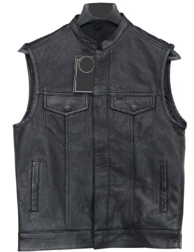 Mens Motorcycle Zipper & Button Leather Vest Gun Pockets Mc Club Vest 1 Panel Back (8XL 70")