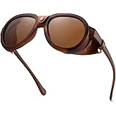 MACJERO Retro Aviator Steampunk Polarized Sunglasses with Leather Side Shield Vintage Goggles Gothic Eyewear for Men Women