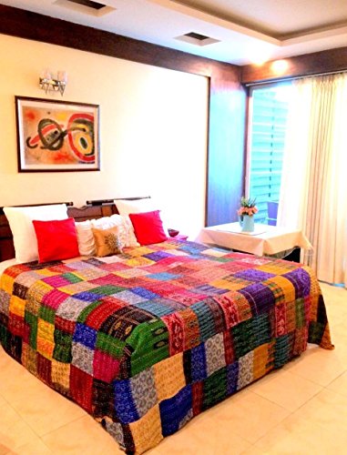 Traditional Indian Silk Patola Quilt , Queen Size 60" X 90"inches , Kantha Stitch Gudri Bedspread and Bed Cover and Raill By Mango Gifts
