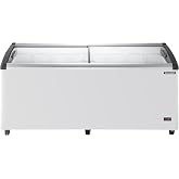Duura Commercial Mobile Ice Cream Display Chest Freezer Sub Zero Temp Curved Glass Top Frost Free Lid with 8 Wire Baskets, 71.7 Inch Wide 21.2 Cubic Feet, White