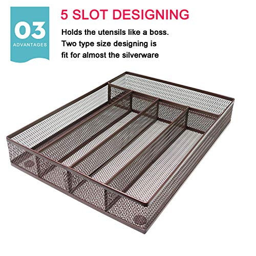 IRSHOME Sturdy Utensil Drawer Organizer, Cutlery Tray, Silverware/Flatware Storage Divider for Kitchen, Mesh Designing with Non-slip Rubber Feet, 5 Compartments, Brown-2 Pack