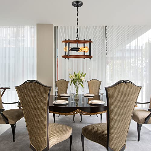 3-Light Farmhouse Pendant Lights Kitchen Island, Black Semi Flush Mount Ceiling Lamp Dining Room Lightting Fixture, Industrial Rustic Wood Hanging Chandelier for Over Sink,Hallway, Entryway