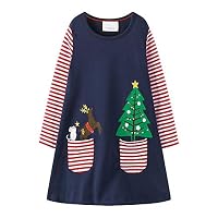 FreeLu Girls Christmas Dresses Longsleeve Cartoon Dress Striped Casual Cotton T-Shirt(Christmas Tree,4T)