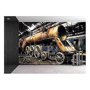 Some Trains at Abandoned Train Depot - Removable Wall Mural | Self-Adhesive Large Wallpaper - 66x96 inches