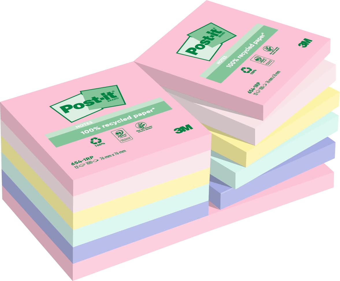 Post-it Recycled Notes, Assorted Colours, 76 mm x 76 mm, 100 Sheets/Pad, 12 Pads/Pack