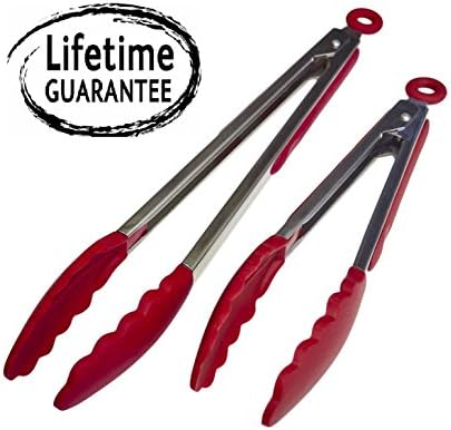 Premium Kitchen Tongs Set - Stainless Steel Tongs for Cooking - Salad Tongs with Silicone Tips (Red)