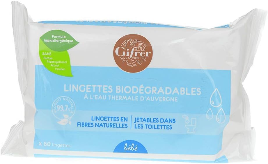 Gifrer Biodegradable Wipes with Thermal Water of Auvergne 60 Wipes, 60 count (Pack of 1)