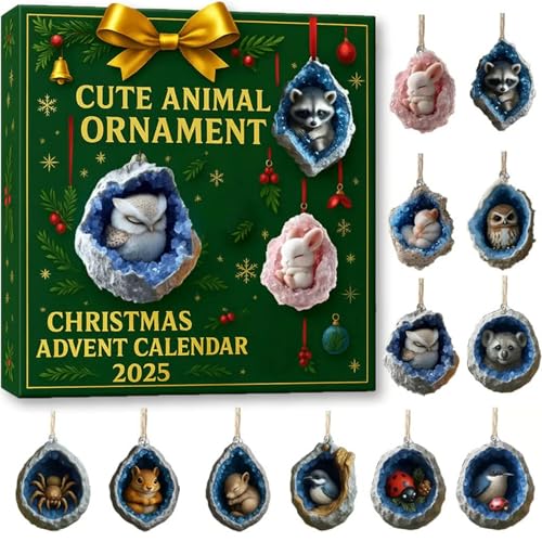 2025 Christmas Advent Calendar with 24 Cute Animal Ornaments, 2D Flat Acrylic Hanging Decor for Xmas Tree, Home Holiday Decoration for Kids & Animal Lovers (Countdown Calendar-02)