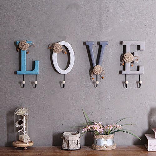 Kerocy Key Holder Hooks Wall Mount Modern Wooden Love Home Words Art Decor for Living Room Girls Bedroom (LOVE)