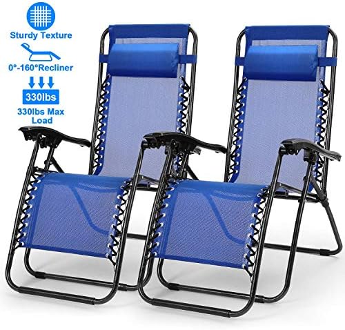 Zero Gravity Chair Adjustable Patio Lounge Chairs TeqHome Set of 2 with Pillow Beach Pool Outdoor Folding Reclining Chair with Cup Holder-Blue