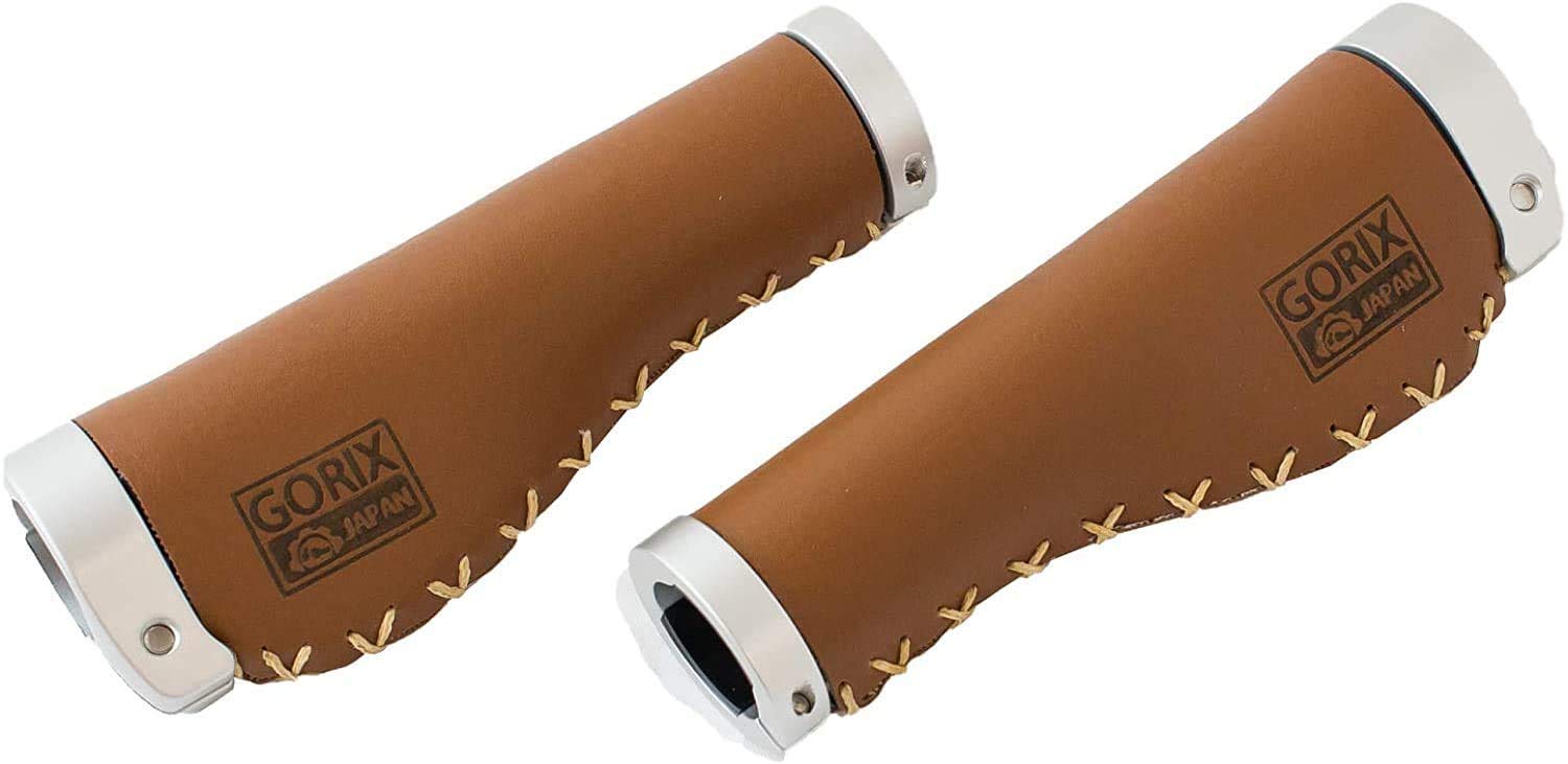 GORIX Bike Cowhide Leather Grip Ergo Antique Handlebar Lock on Bicycle Cycling Brown(GX-600) (Brown)