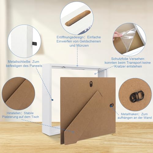Totofac 3D Bilderrahmen zum Befüllen 27x22 cm, Spardose Weiß Lackierter Holzbilderrahmen, 3D Bilderrahmen Sparbüchse für Hochzeit Taufen Reisen Valentinstag Weihnachten Geldgeschenk
