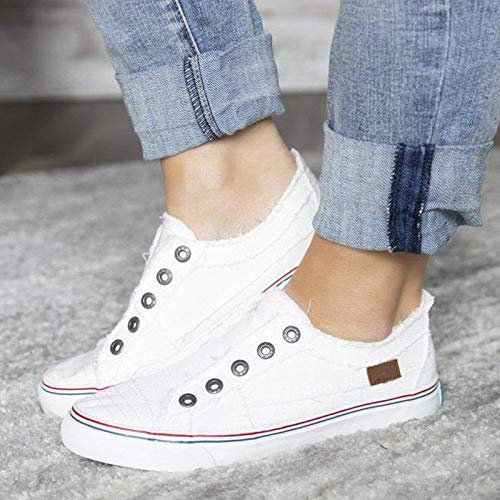 FIRENGOLI Saralove Women\'s Fashion Sneakers Slip On Distressed Canvas Shoes Walking Flats Comfort Sneakers Shoes (5 UK,White Canvas)
