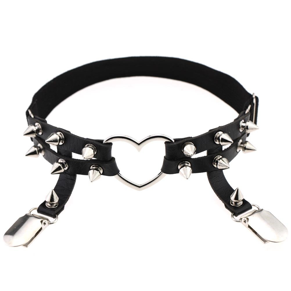 Adove Women Adjustable Leather Thigh Garter, Heart Shaped Leg Garter with Clips punk goth Garters for thigh high socks black