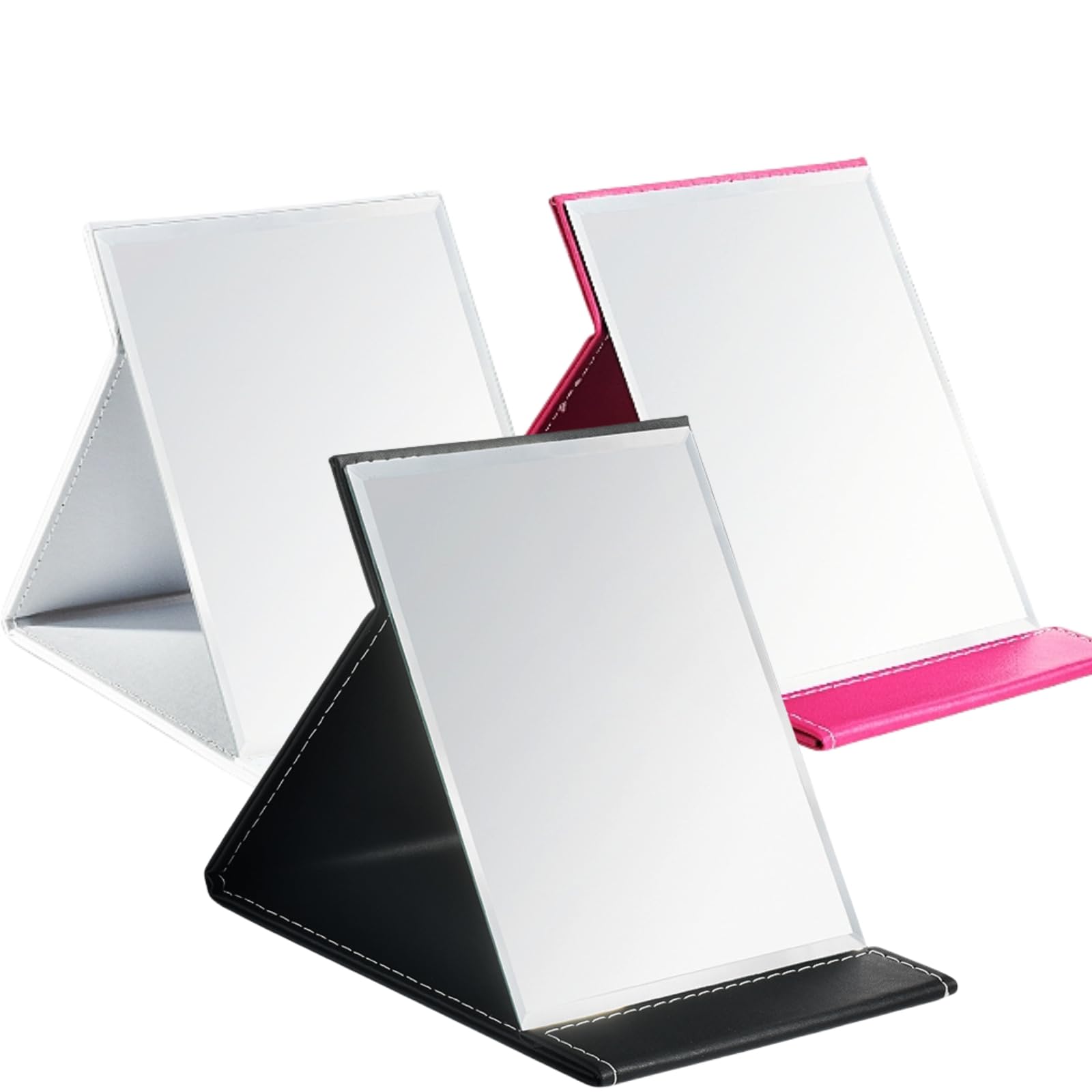 Photo 1 of Goaste 3 Pack Portable Folding Makeup Mirror with Stand, 8x6 Inches PU Leather Travel Vanity Mirror, Adjustable Office Tabletop Mirror for Cosmetics Personal Beauty, Assorted Colors