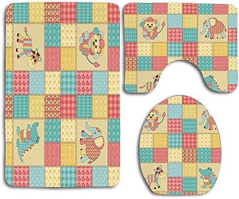 PlayGiao 3 Pcs Set Shower Bath Rugs - Contour Mat and Lid Cover Soft Non-Slip Back Home Decor Kids African Safari Animals Vintage Patchwork Reptile Crocodile Elephant Lion Zebra Hearts Flowers Print