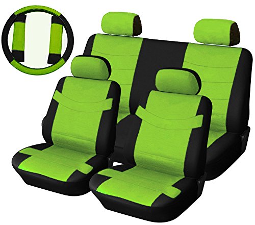 Click Here to See More Images Premium Two Tone PU Synthetic Leather Seat Covers Set 11pc Black & Electric Green Accent 2 Front Bucket - Bench - Steering Wheel - Seat Belt Pads