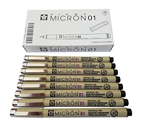 Sakura Pigma Micron pen 01 Black ink marker felt tip pen, Archival pigment ink pens for artist, zentangle, technical drawing pens - 8 pack of Micron 01 black