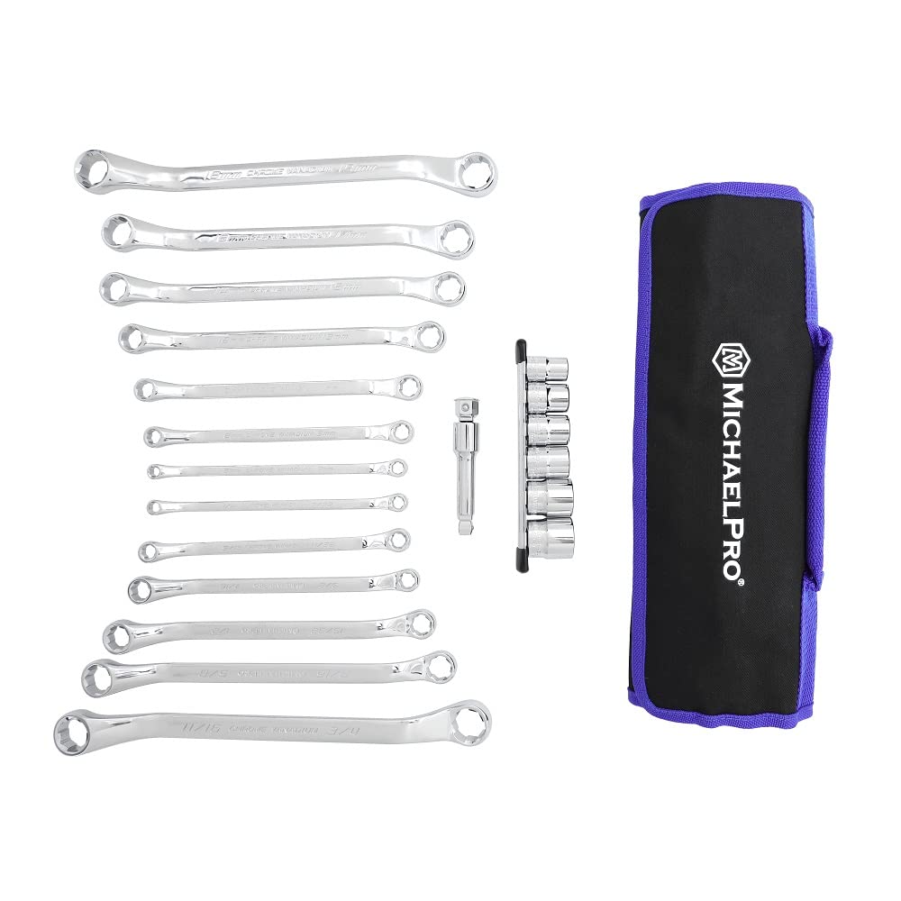 MichaelPro MP001212 19-Piece Double Ring Spanner & Socket Set, Bolt Extractor, Offset & Swan Neck Spanners — image 1