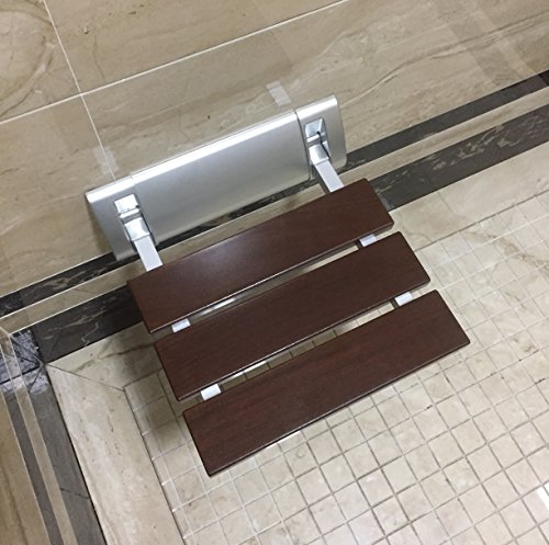 DIYHD 12" Luxury Bathroom Solid Wood Folding Shower Seat Brushed Wall Mount Wide Base Shower Bench