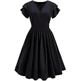 winkbay Women's V Neck Ruffle Sleeve Dresses Solid Color Wedding Guest A Line Fit and Flared Dress
