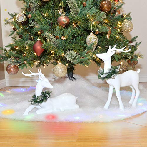 BIGOU Christmas Tree Skirt with LED Light, 30 Inch 2 Modes Snow White Luxury Faux Fur Tree Skirts Base Cover Floor Mat Christmas Lighting Decorations for Xmas Party Holiday Home Garden