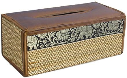 Handicraft Thai Reed Rectangular Tissue Box Cover with Silk Elephant Desig (Brown)