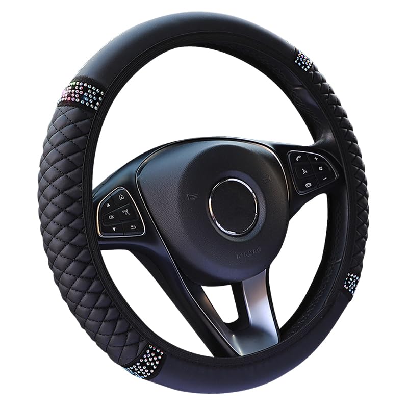 Photo 1 of Bling Leather Steering Wheel Cover,15 Inch Soft Leather Car Wheel Cover with Colorful Crystal Diamond,Universal Non-Slip Auto Elastic Steering Wheel Protector,Car Interior Accessories (Black)