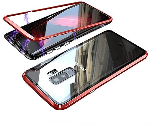 Magnetic Adsorption Case For Samsung Galaxy S9+ Plus - Tempered Glass Back [Metal Frames] Slim Fit Ultra-Thin Case Lightweight, Luxury Magnet Case Galaxy S9 Plus Case (Red Frame + Clear Back)