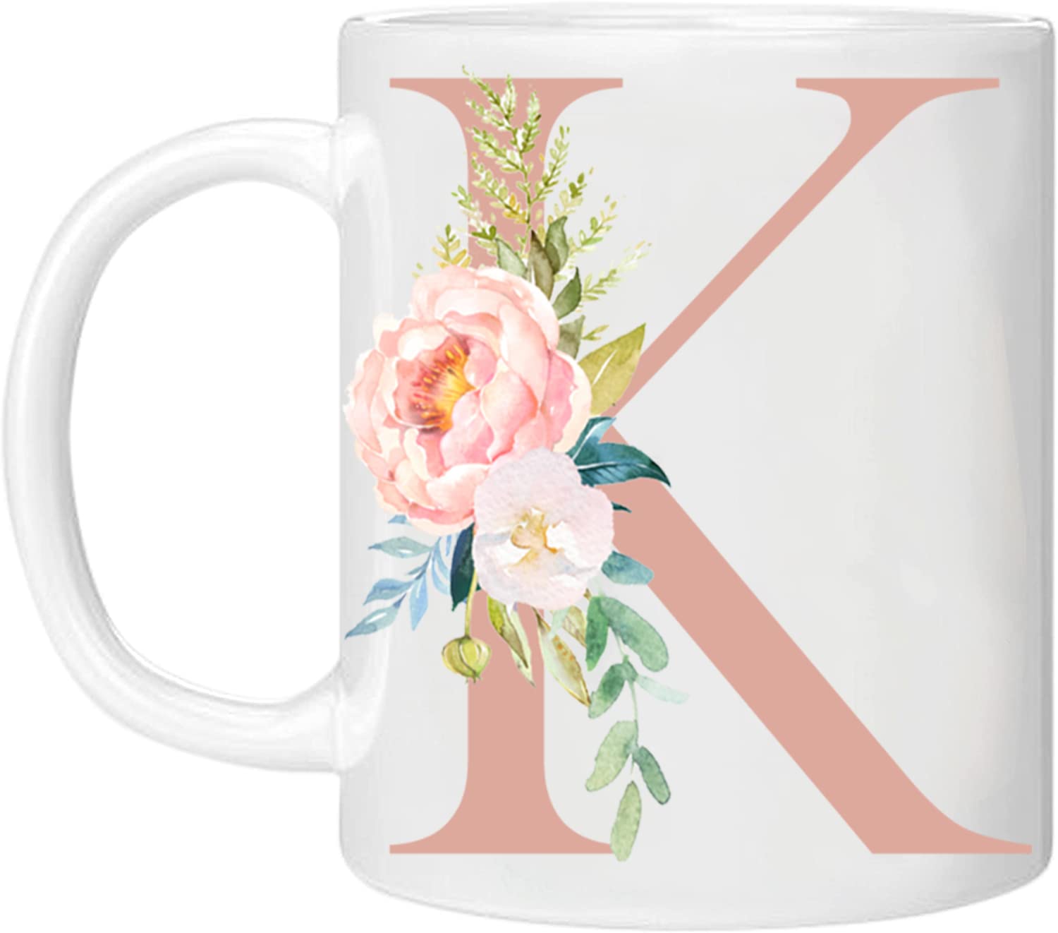 MOBILE STUFF Personalised Floral Mug Letter K - Any Letter Alphabet 11oz Ceramic Coffee/Tea Cup Printed Glitter, NOT Real Glitter (Rose - K)