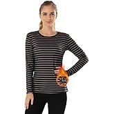 MANCYFIT Womens Thermal Tops Fleece Lined Shirt Long Sleeve Base Layer Striped-Black Large