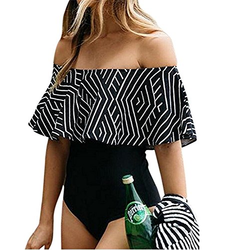 PiePieBuy Women Sexy Off Shoulder Ruffle Frill Geometric Striped Bikini One Piece Bathing Suit Swimwear - Thumbnail 5