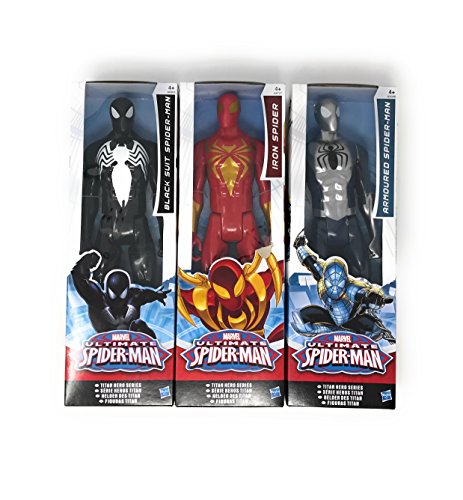 3 LOT Marvel Titan Hero Series Ultimate Spider-Man Movie Spiderman Series Iron Spider, Black Suit Spider Man and Armoured Spiderman size12 inch