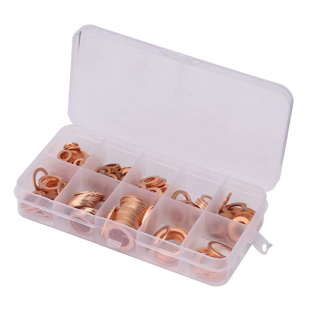 Honiwu 200pcs Copper Flat Washers, M5-M14 Assortment Set, Heavy Duty, Polished, Copper Material, Sealing Gaskets, 9 Sizes, Storage Box