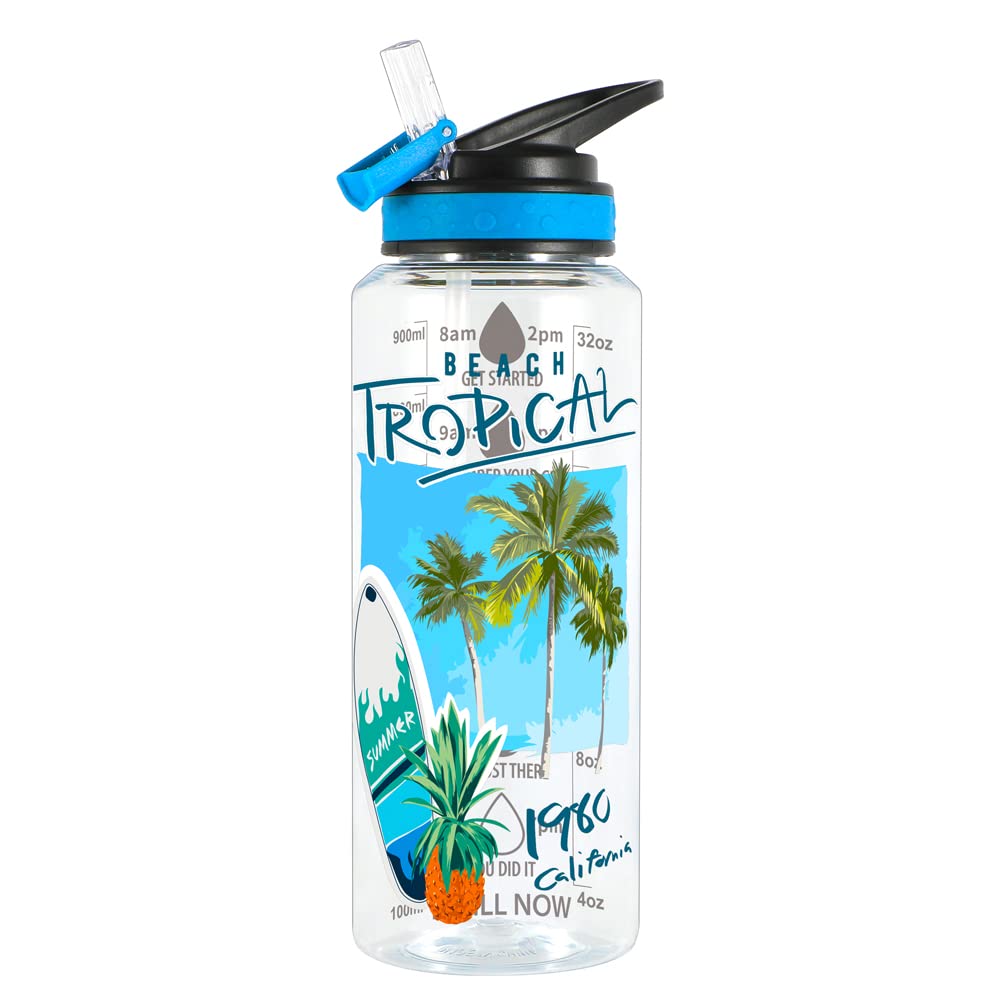 Home Tune 32oz Water Drinking Bottle - Tritan BPA Free, Wide Mouth, Straw Flip Lid, Time Marker, Easy Open, Lightweight, Leak-Proof Water Bottle with Foil Print Design For Girls & Boys - Beach